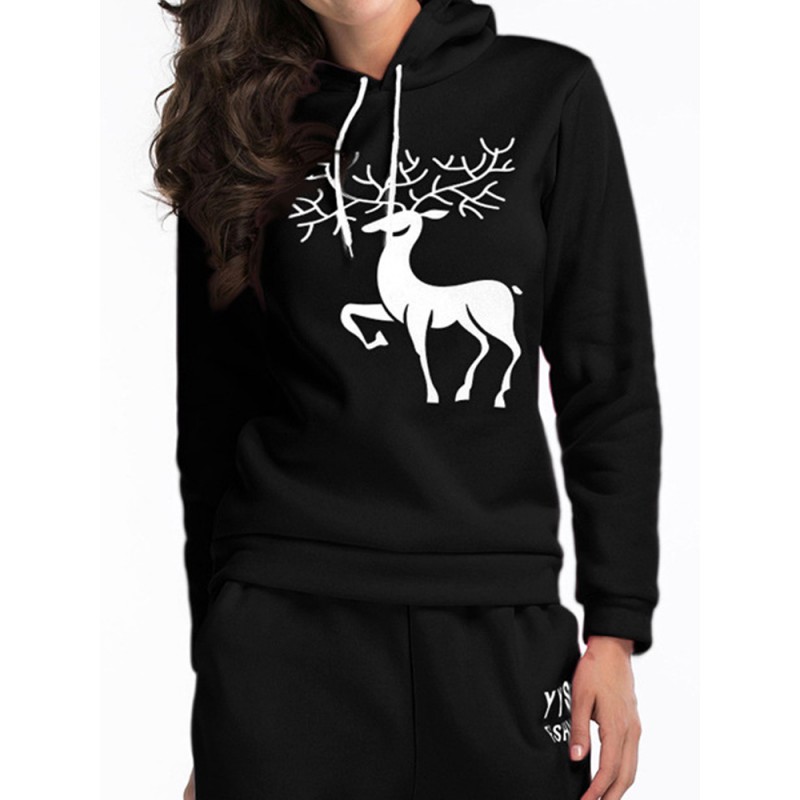 Christmas Women Casual Snow Deer Printed Long Sleeve Hooded Sweatshirts
