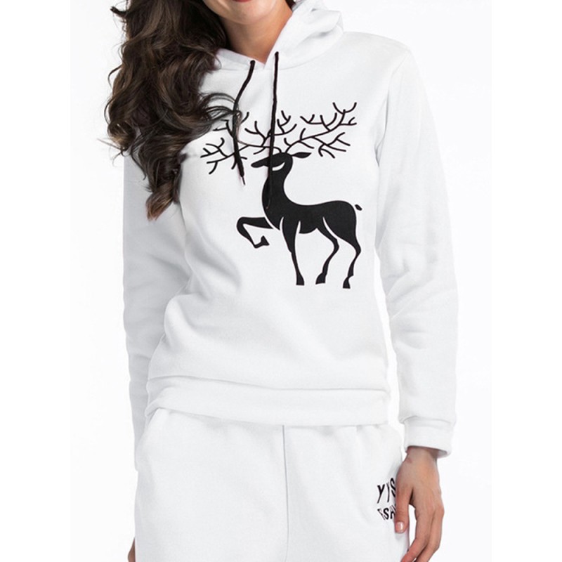 Christmas Women Casual Snow Deer Printed Long Sleeve Hooded Sweatshirts