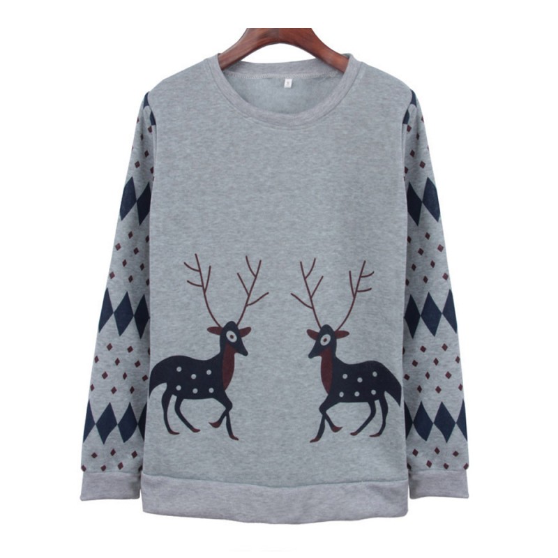 Christmas Snow Deer Print Loose Casual Long Sleeve Sweatshirts for Women