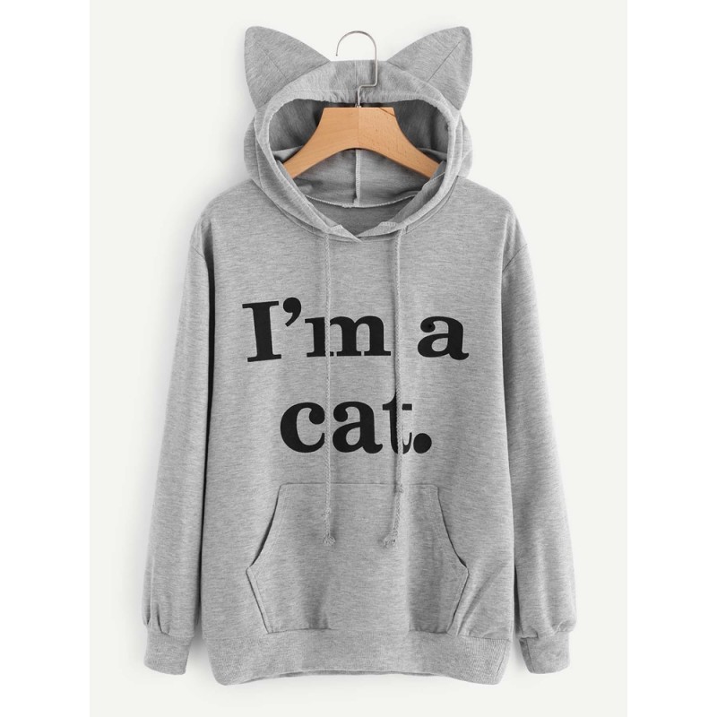 Casual Loose Letter Print Solid Color Cat Ears Hoo...