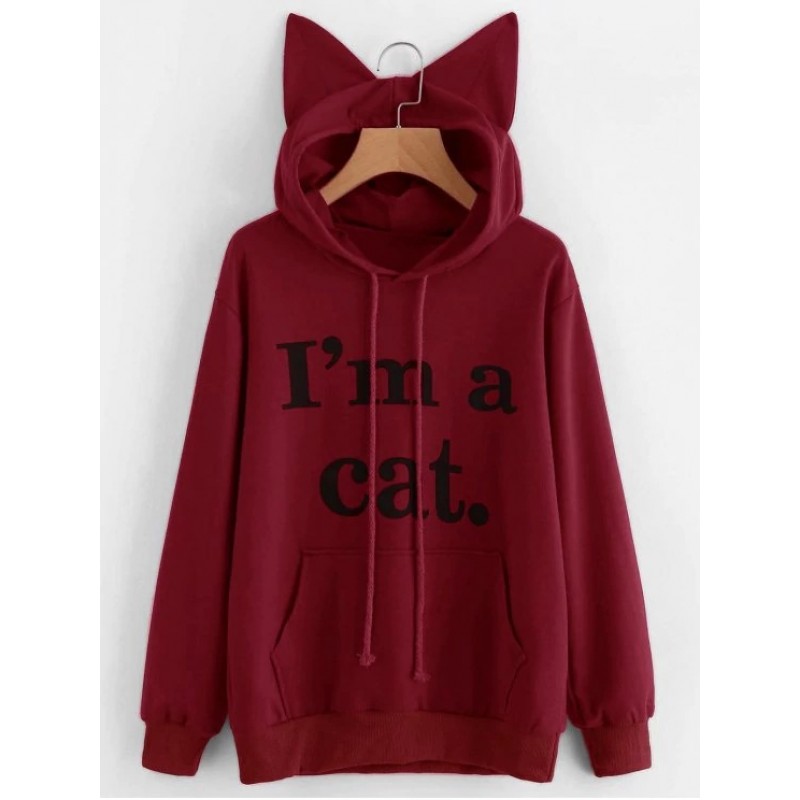 Casual Loose Letter Print Solid Color Cat Ears Hooded Hoodies