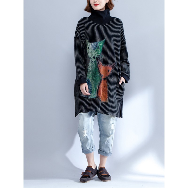 Casual Women Cat Plaid Printed Sweatshirts